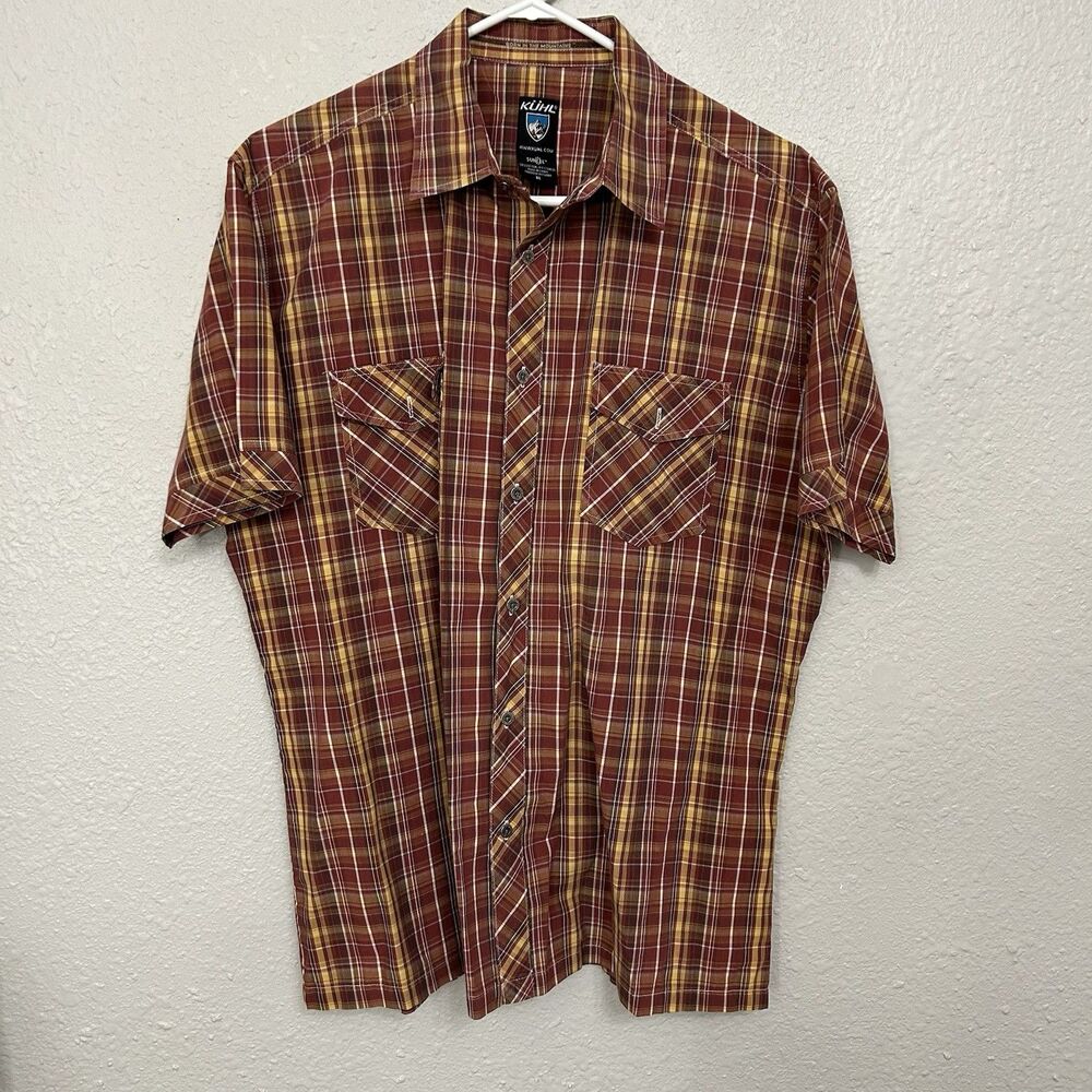 Kuhl Suncel Button Down Mens XL Brown Red Yellow Plaid Short Sleeve Shirt Used